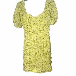 American Threads ruched floral yellow mini dress size M